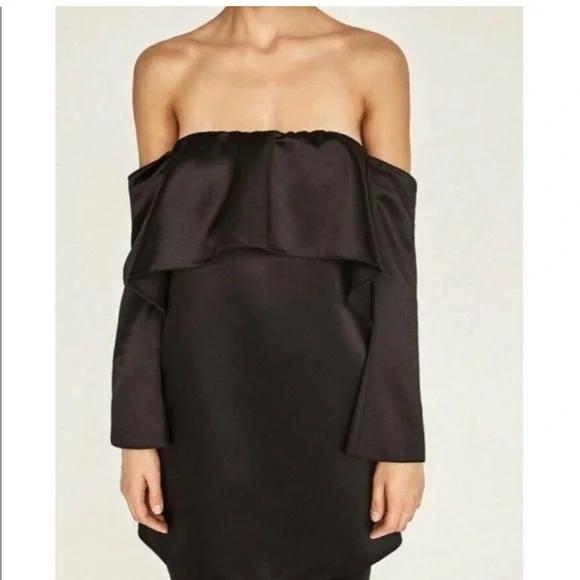 Zara Satin Black Women’s Off the Shoulder Mini Dress Size Medium - Picture 2 of 4